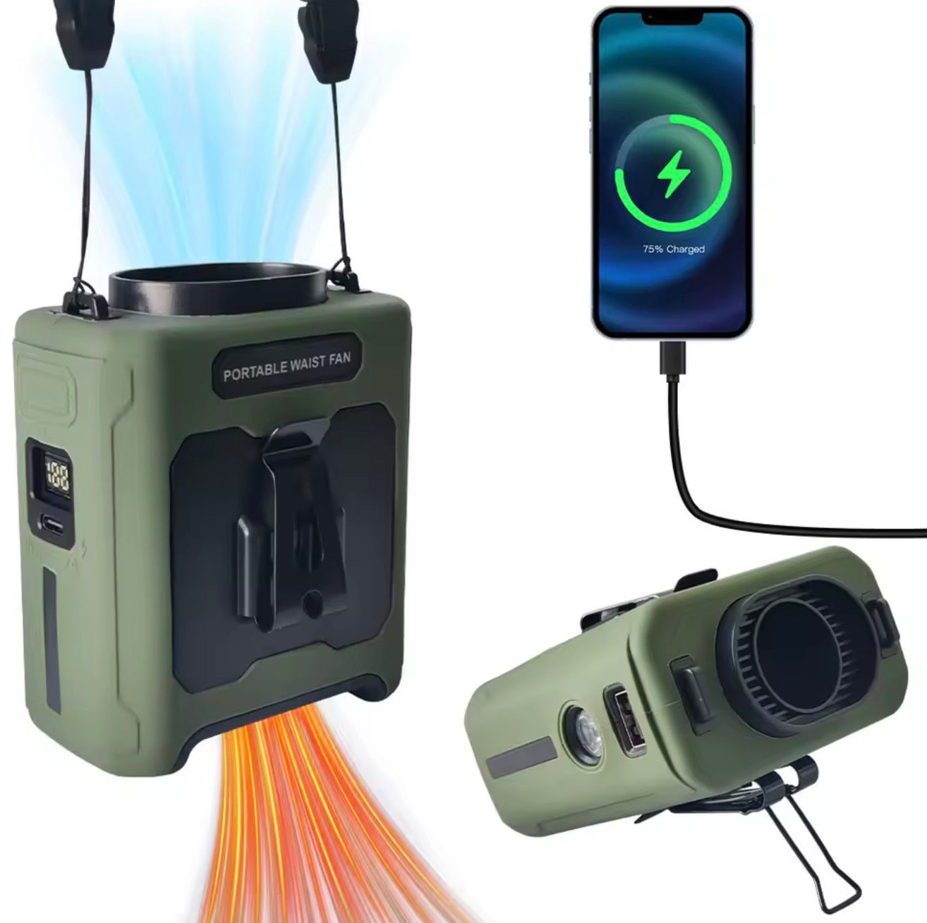 10000mAh Heavy Duty Waist Clip Fan | 3-in-1 Portable Belt Fan, Power Bank Phone Charger & Emergency Flashlight