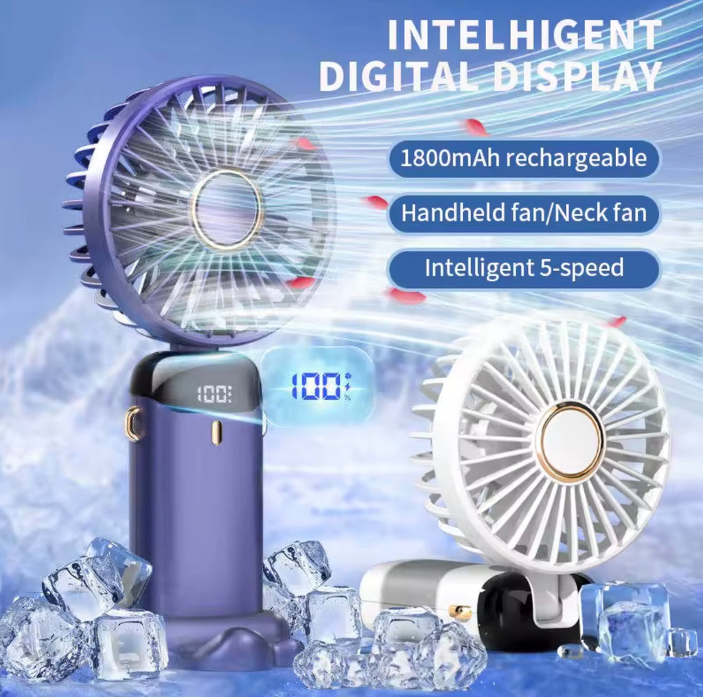 5-Speed Foldable Handheld Fan with LED Screen | 1800mAh USB Rechargeable Fan & Built-In Desk Phone Stand