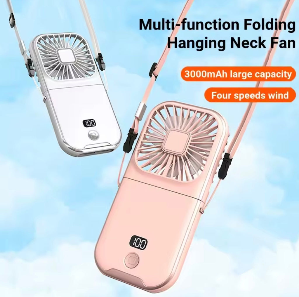 3-in-1 Foldable Hanging Neck Fan | Hands-Free Wearable Pocket Fan & Desktop Phone Stand for Travel