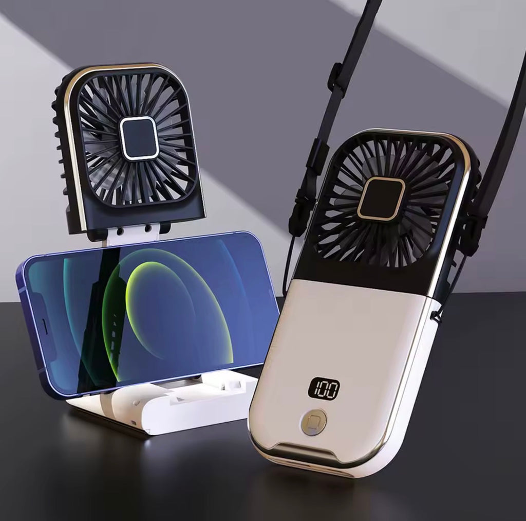 3-in-1 Foldable Hanging Neck Fan | Hands-Free Wearable Pocket Fan & Desktop Phone Stand for Travel