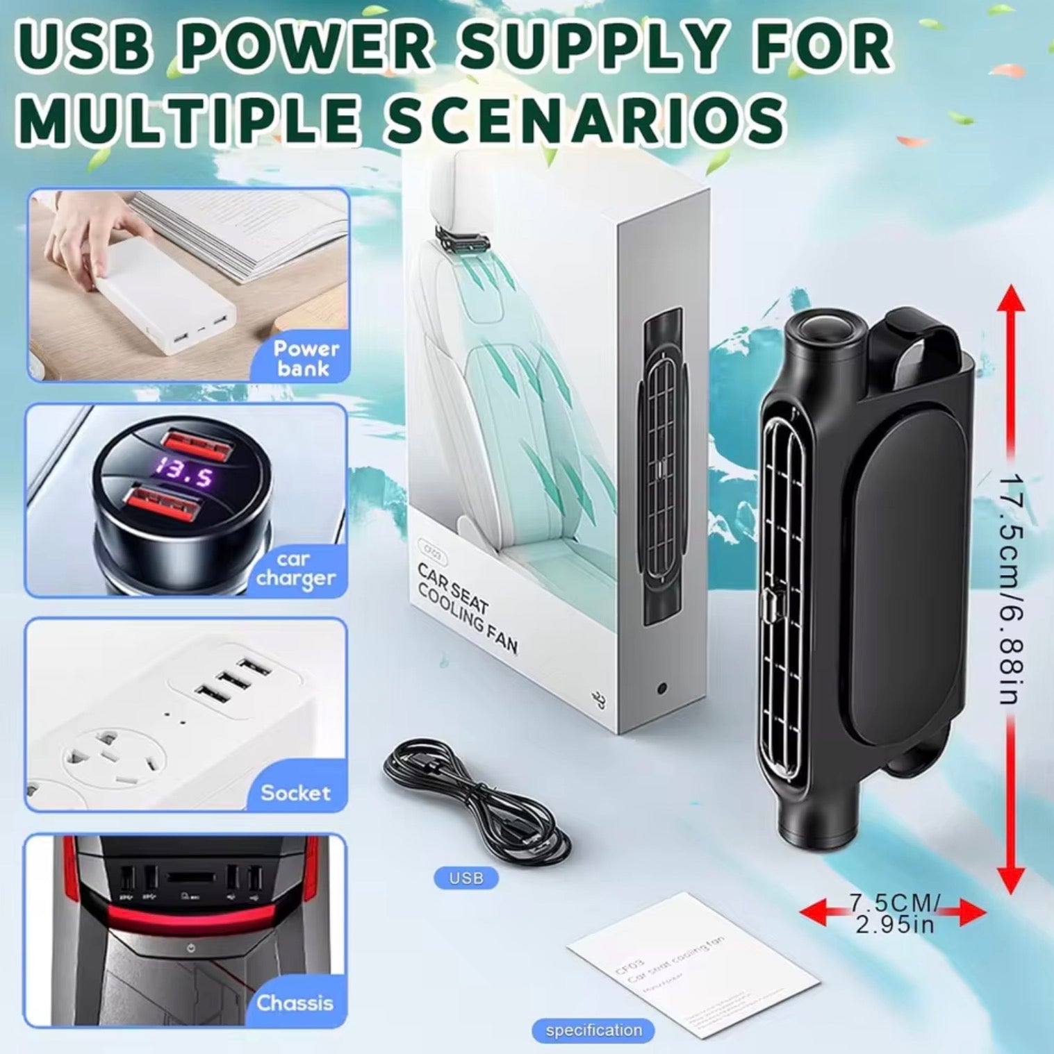 3-Speed USB Car Headrest Cooling Fan | Adjustable Backseat Air Ventilator for Front & Rear Passengers | Car Interior Accessory