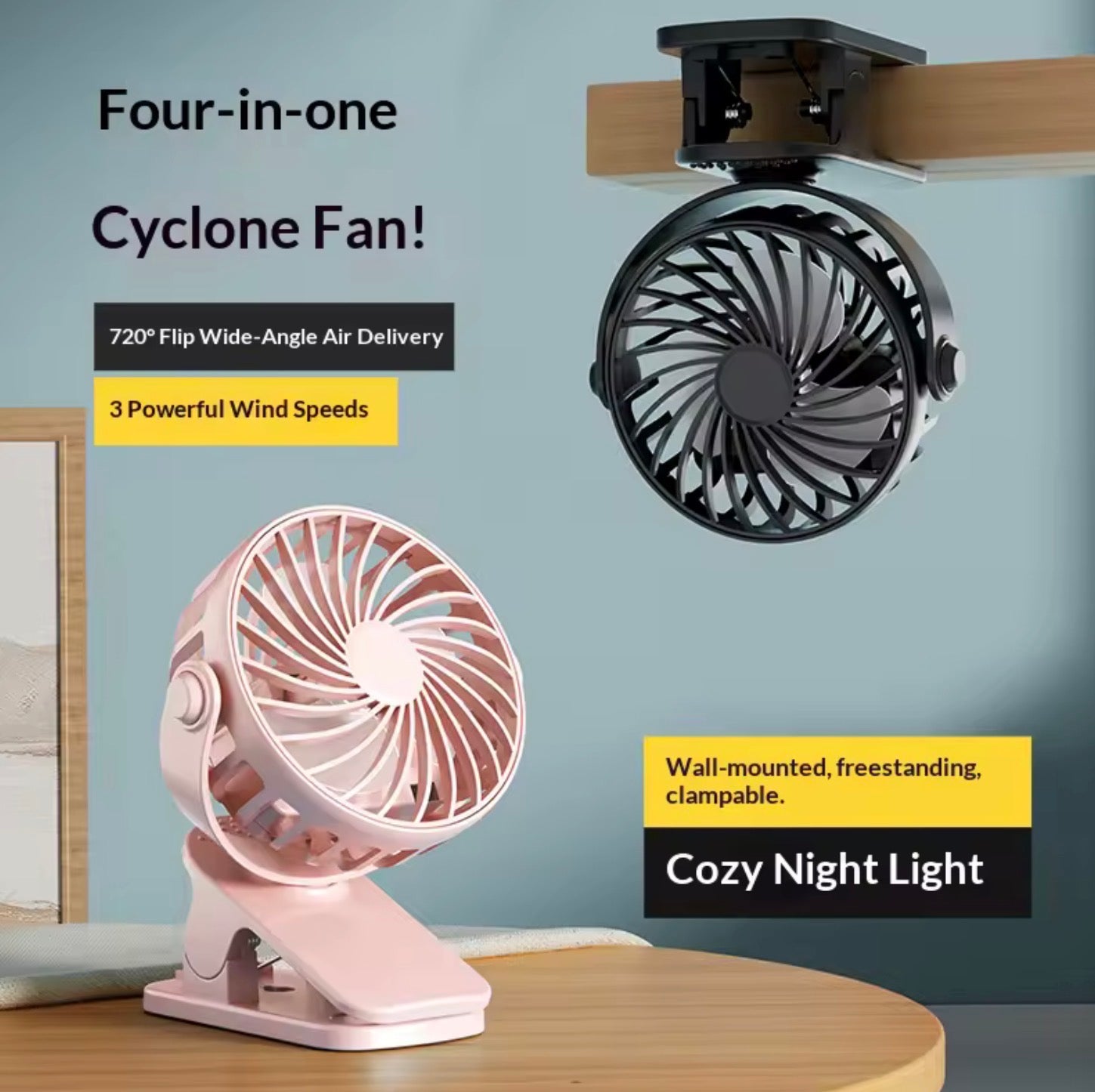 720° Rotatable Rechargeable Clip-On Fan | Portable Hanging Desk Fan with Night Light for Camping, Strollers, & Office