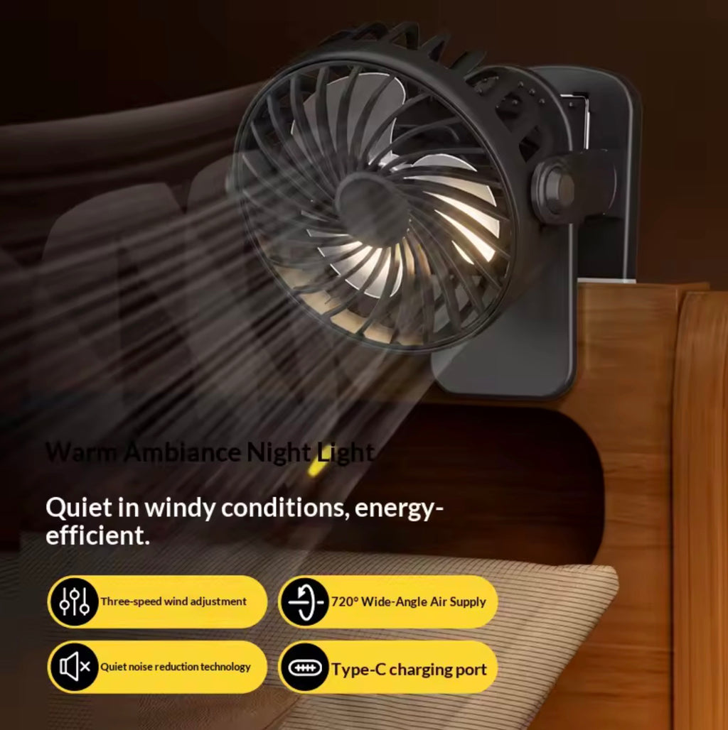 720° Rotatable Rechargeable Clip-On Fan | Portable Hanging Desk Fan with Night Light for Camping, Strollers, & Office