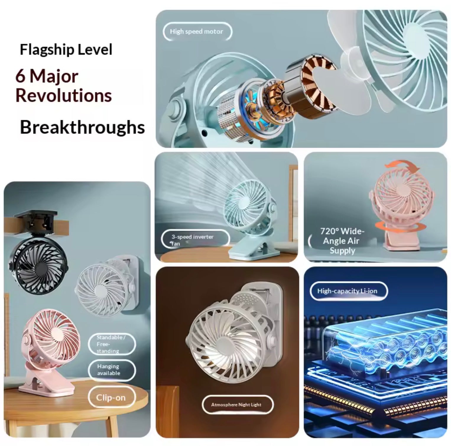 720° Rotatable Rechargeable Clip-On Fan | Portable Hanging Desk Fan with Night Light for Camping, Strollers, & Office