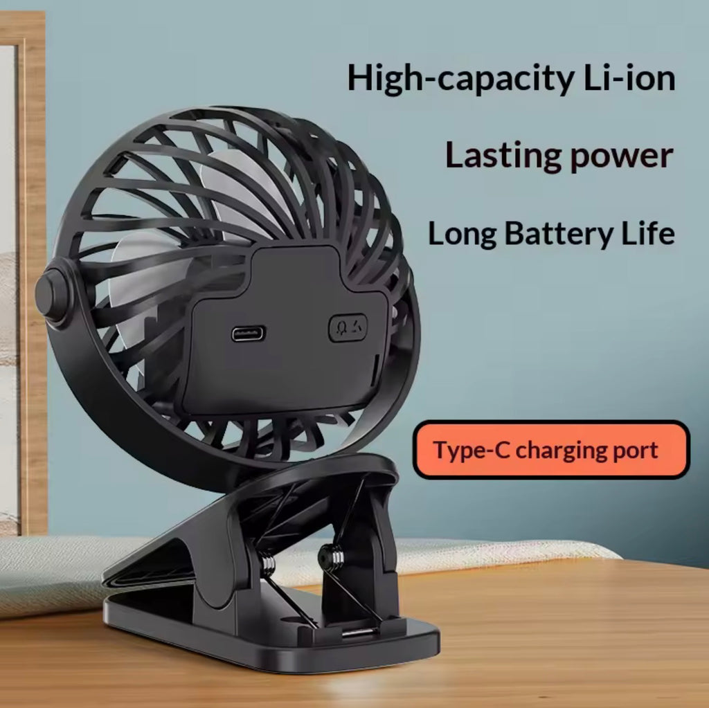 720° Rotatable Rechargeable Clip-On Fan | Portable Hanging Desk Fan with Night Light for Camping, Strollers, & Office