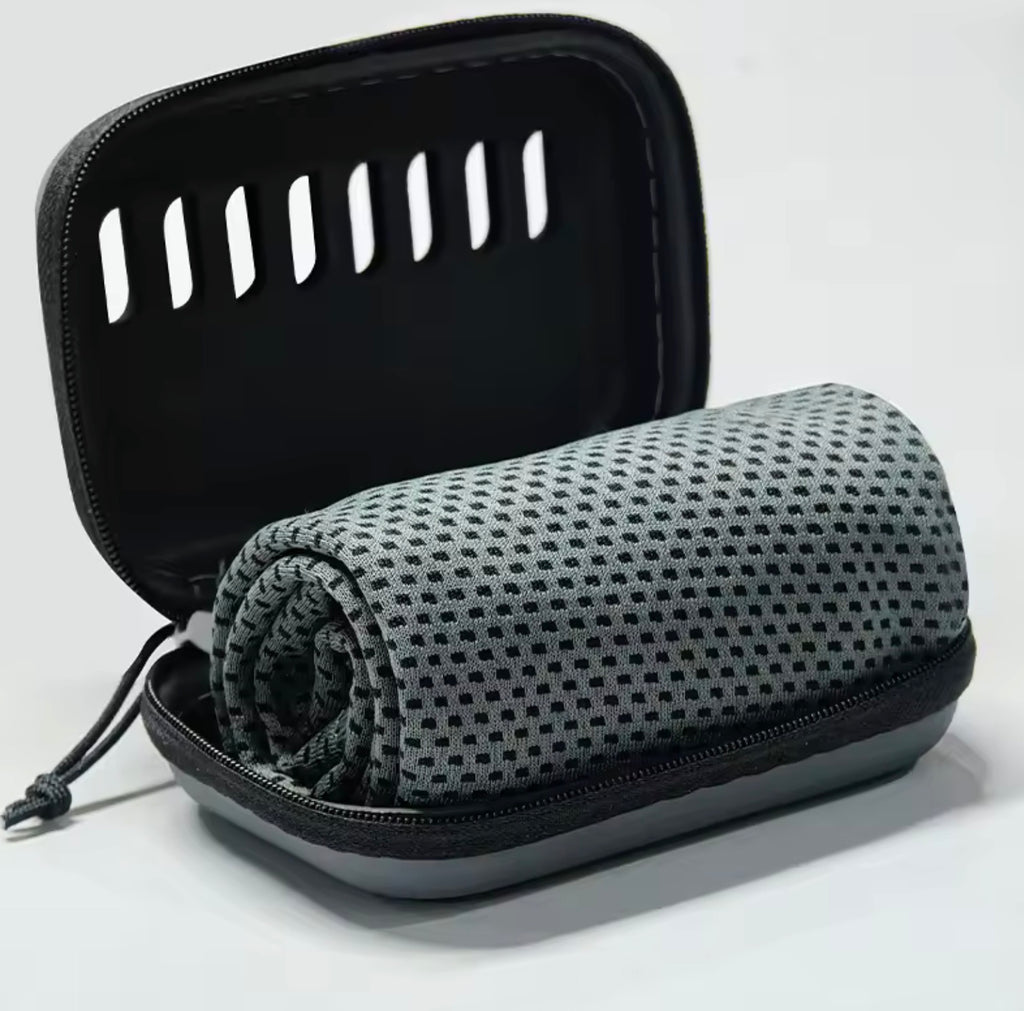 Cooling Travel Towel with Protective EVA Case | Compact Quick-Dry Ice Wrap for Gym, Hiking, and Yoga