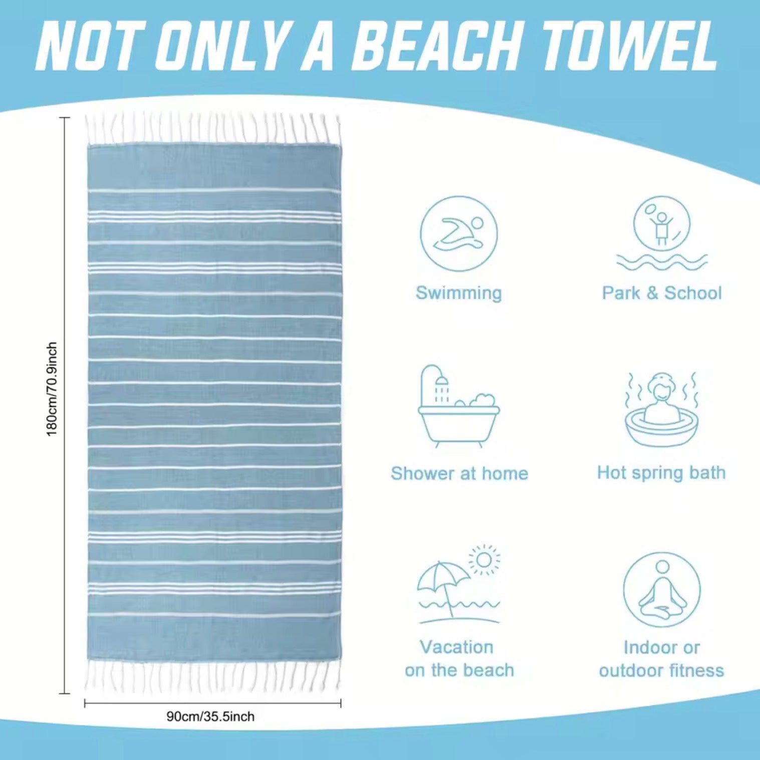 Premium Turkish Beach Towel (90x180cm) | Oversized Lightweight Cotton Towel for Sauna, Spa, Gym, and Travel