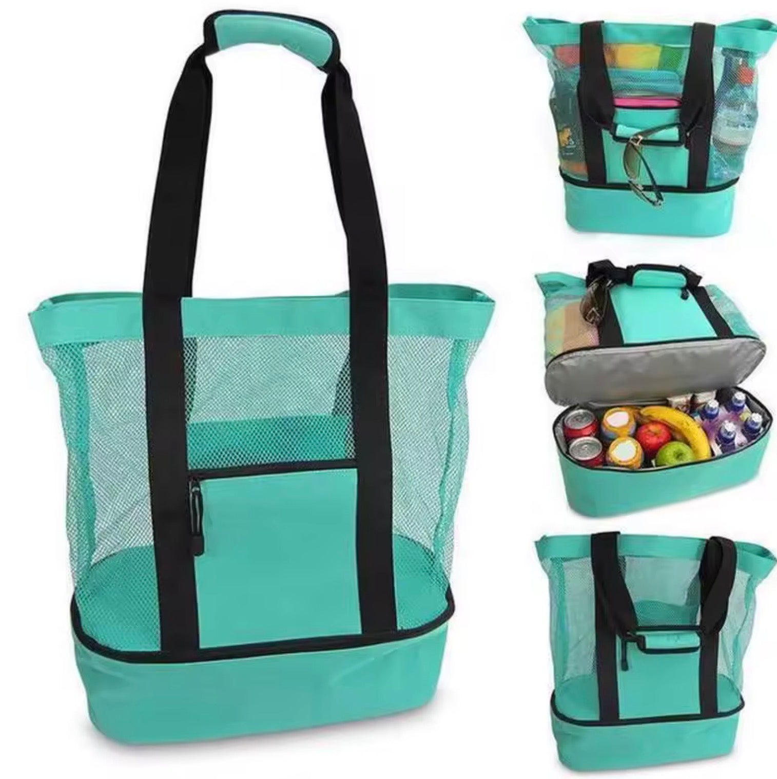 2-in-1 Large Mesh Beach Bag with Insulated Cooler | Thermal Food & Drink Tote Bag for Picnic, Camping, and Travel