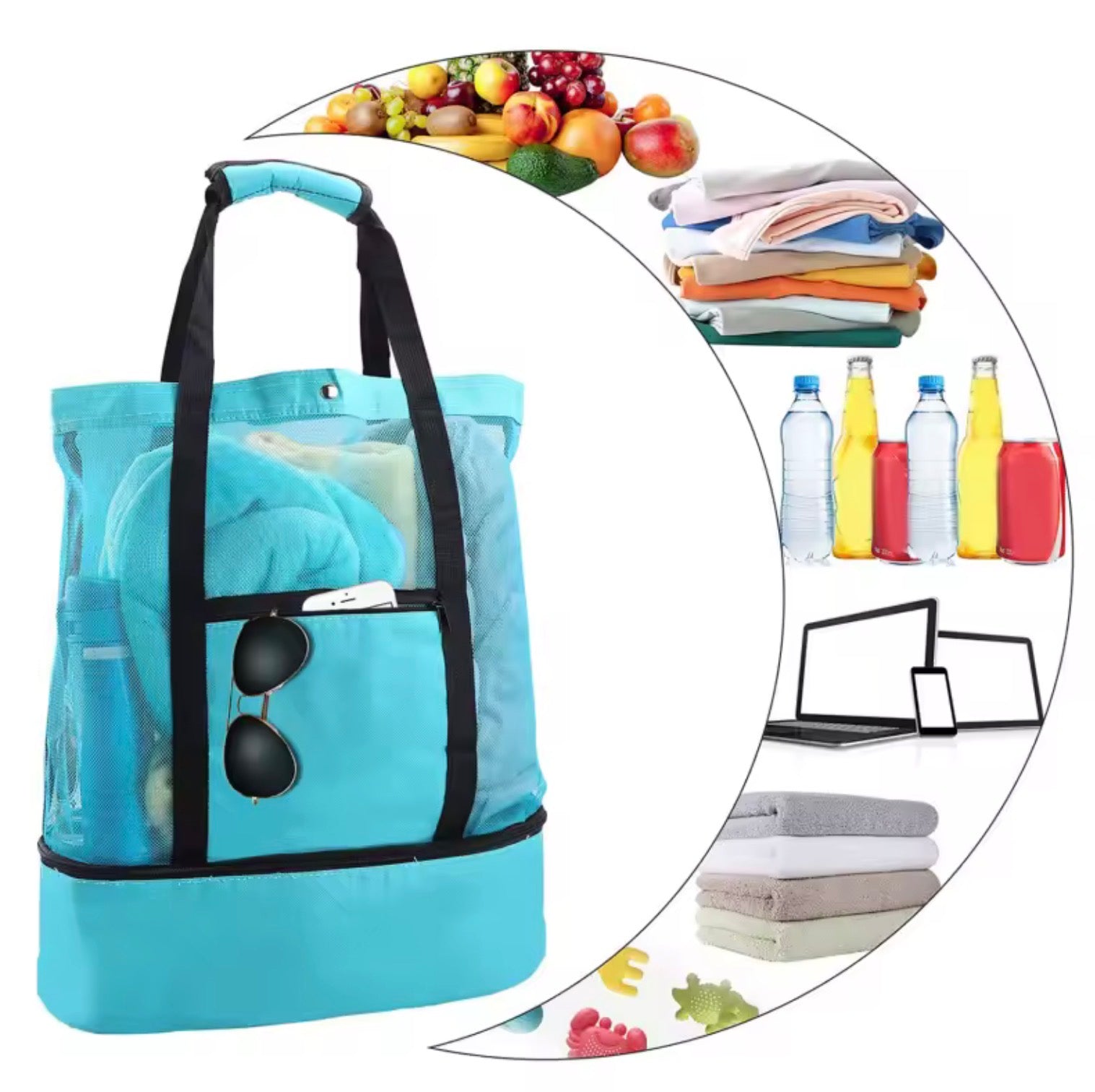 2-in-1 Large Mesh Beach Bag with Insulated Cooler | Thermal Food & Drink Tote Bag for Picnic, Camping, and Travel