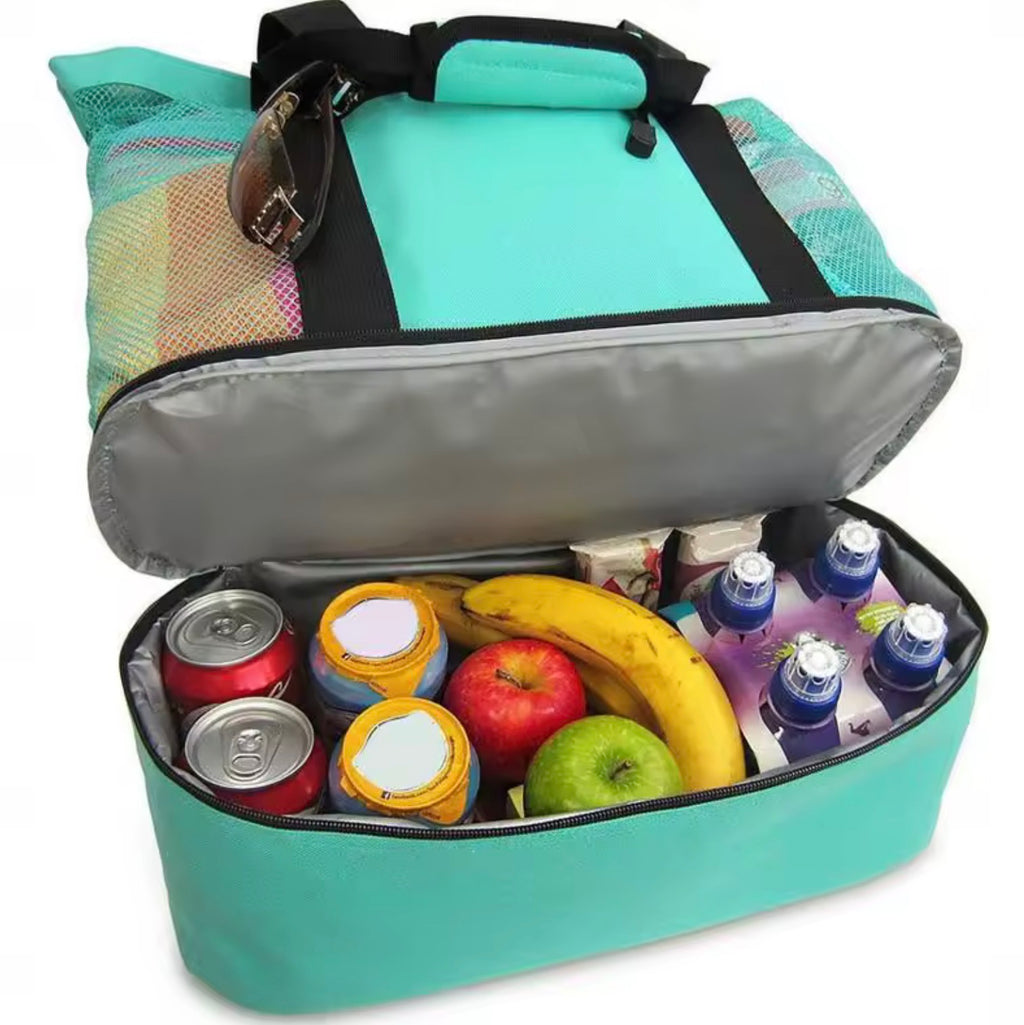 2-in-1 Large Mesh Beach Bag with Insulated Cooler | Thermal Food & Drink Tote Bag for Picnic, Camping, and Travel