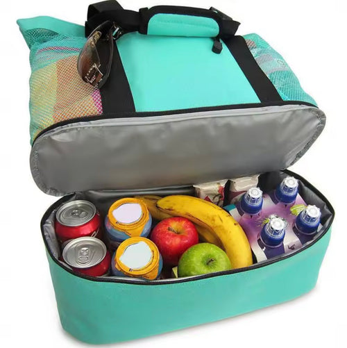 2-in-1 Large Mesh Beach Bag with Insulated Cooler | Thermal Food & Drink Tote Bag for Picnic, Camping, and Travel